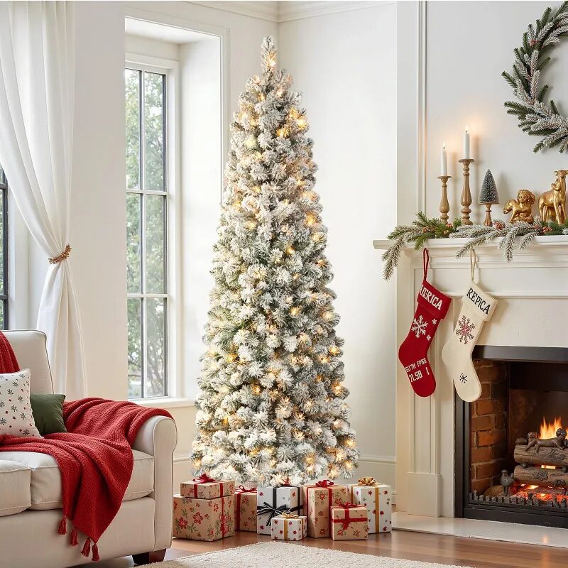 Alupssuc 4.5ft Prelit Snow Flocked Artificial Pencil Christmas Tree with Warm White Lights, Full Branch Tips, 