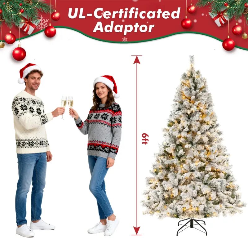 DAYBETTER 6ft Artificial Christmas Tree, Snow Flocked Christmas Pine Tree, with 210 Warm White Lights, 627 Whi