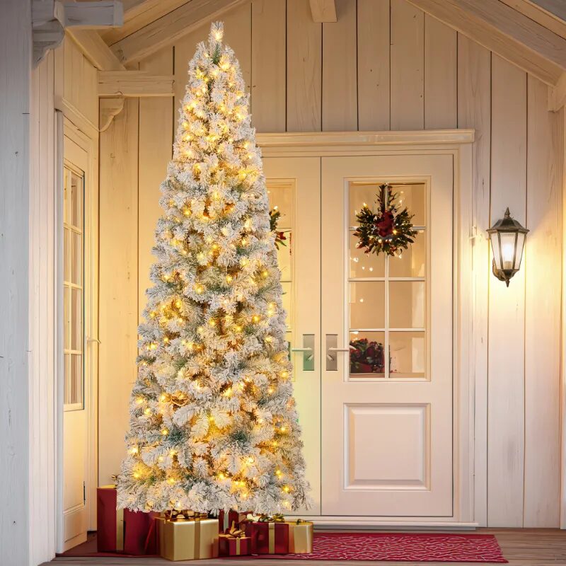 Firstness 7.5ft Pre-Lit Artificial Pencil Christmas Tree with 400 Multicolor LED Lights,Snow Flocked Xmas Tree