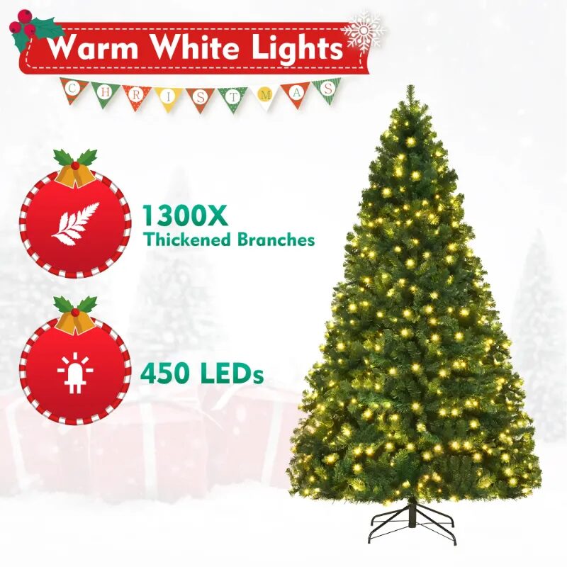 DAYBETTER 7.5ft Christmas Tree Artificial, Pre-lit with 450 LED Warm White Lights, 1300 Branch Tips, Foldable 