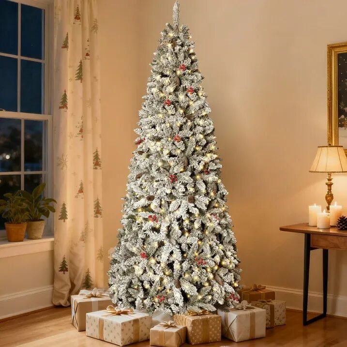 GVDV Christmas Tree 6ft Pre-Lit Snow Flocked Artificial Christmas Tree with Pinecones & Berries, for Home, Off