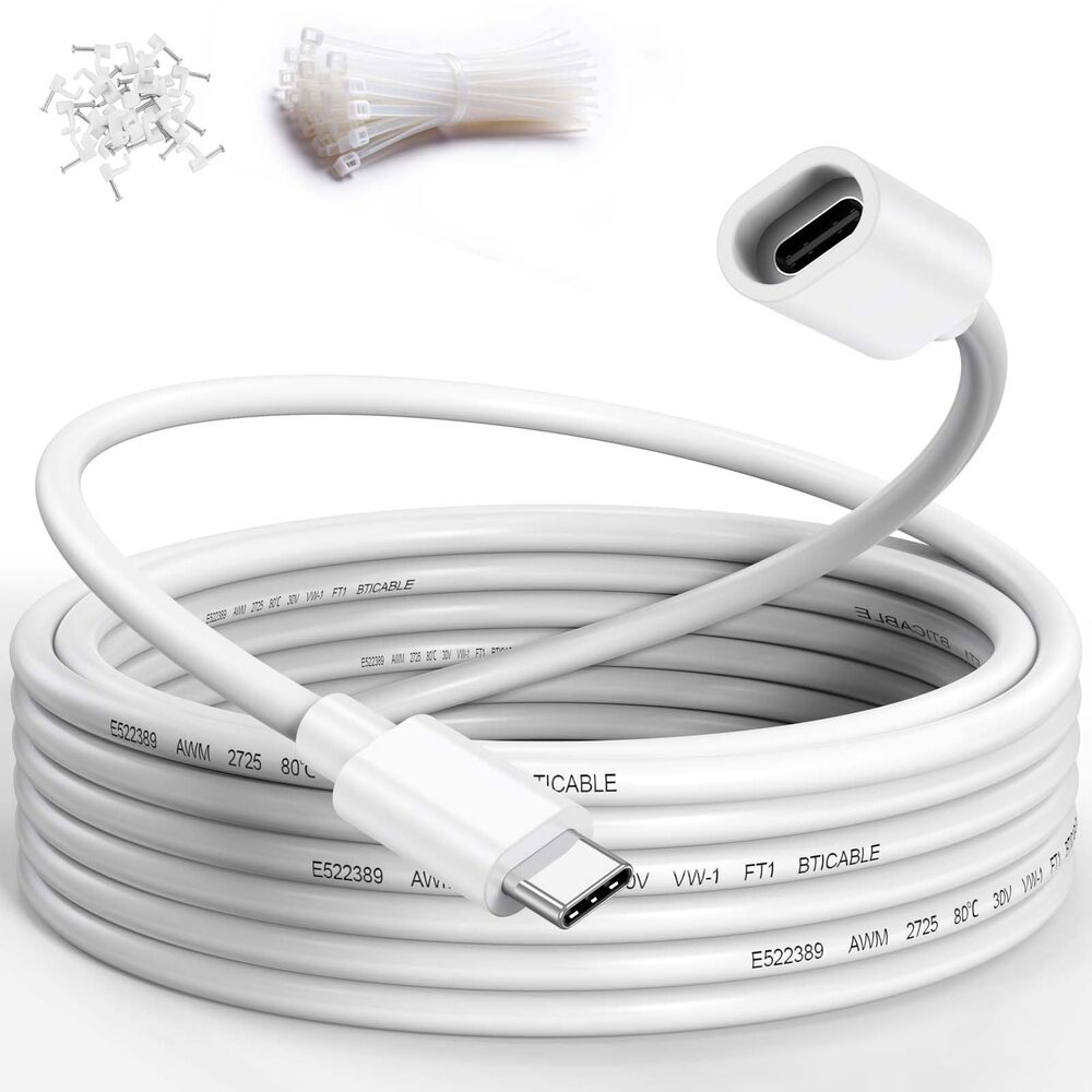 URELEGAN 25 ft USB-C Extension Cable - White, with Clips