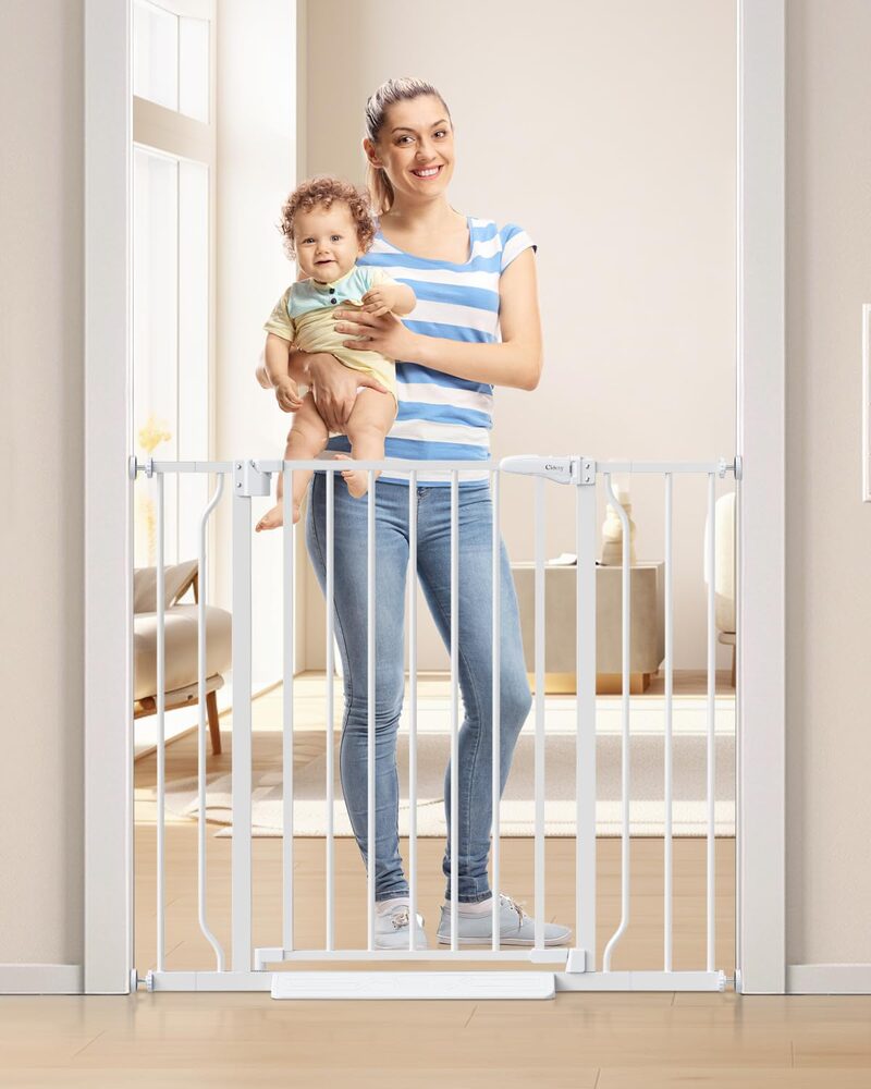 Cideny 34" Tall Baby Gate - No Drilling, Auto Close, White
