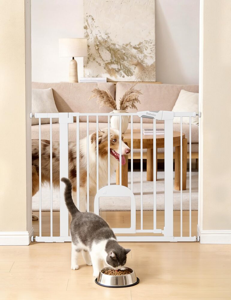 Babelio Dog Gate with Cat Door, 29"-43" Wide - White