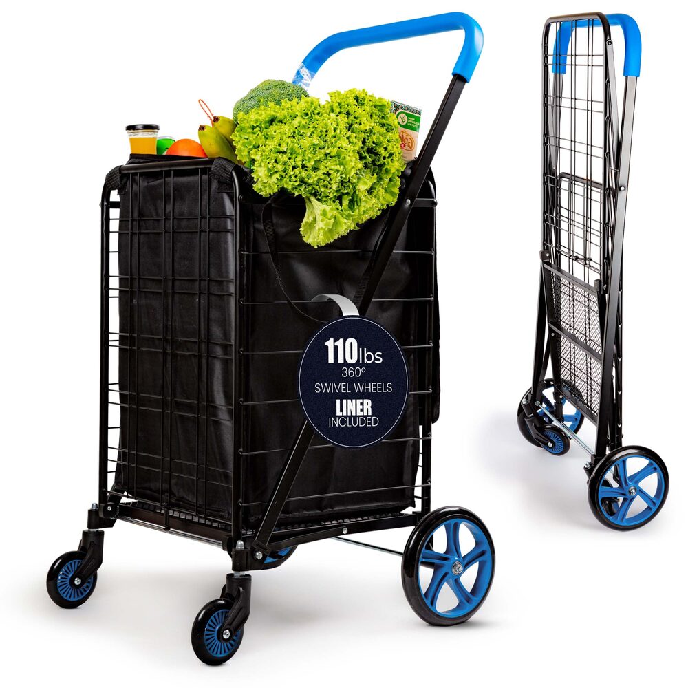 SereneLife Large Folding Utility Cart - Removable Liner, 360° Swivel Wheels